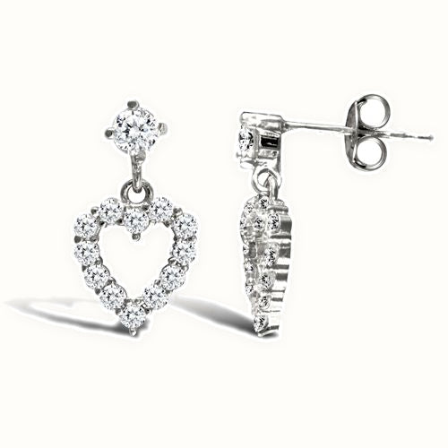 9ct white gold stud earrings a claw set cubic zirconia with a drop outlined heart surrounded with claw set cubic zirconia's