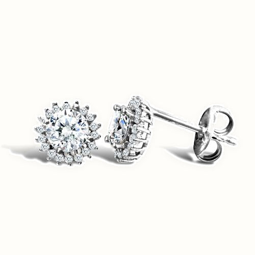 9ct white gold claw set cubic zirconia edged with surrounding claw set CZs Earrings