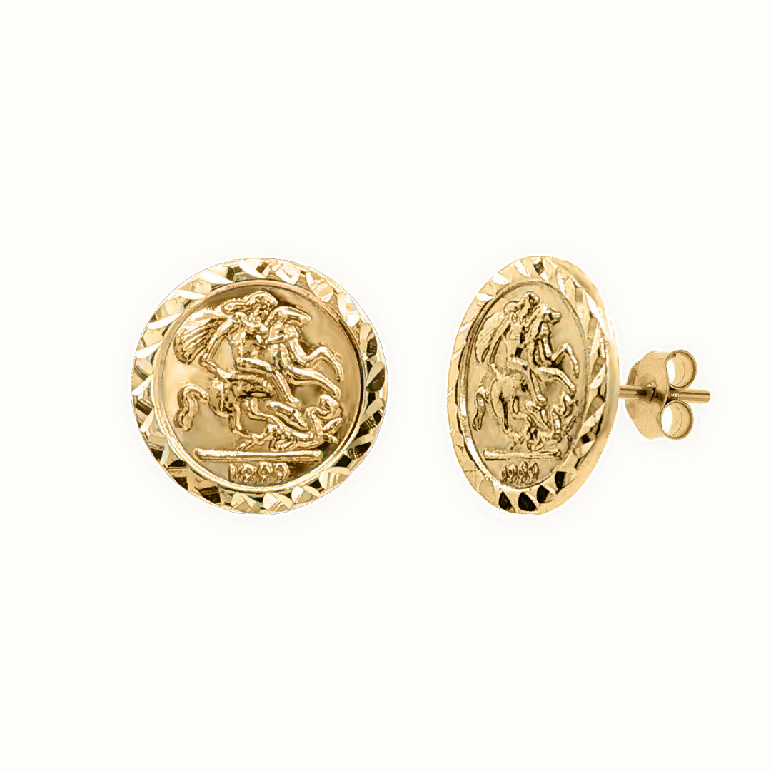 9ct Yellow 10mm St George & Dragon Stud Earrings