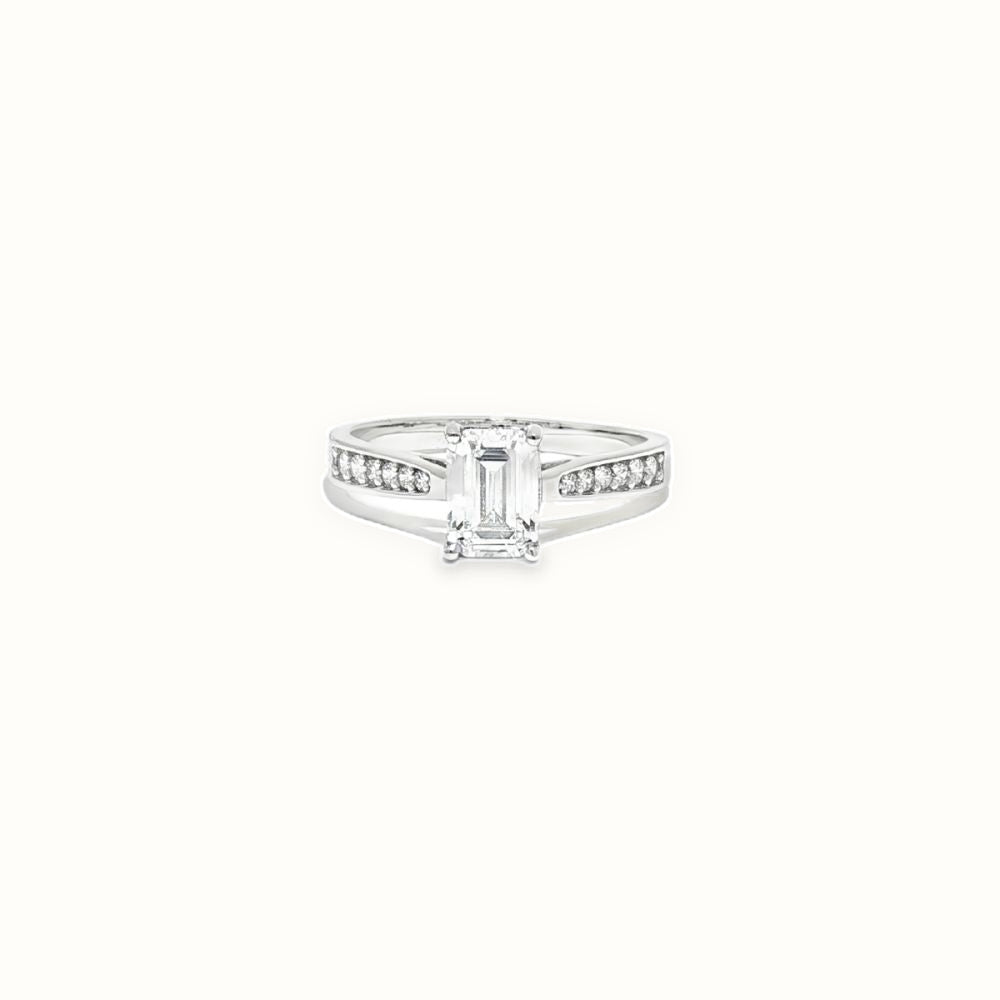 9ct White Gold, 1.00ct Emerald Cut Cubic Zirconia Wed-fit Engagement Ring