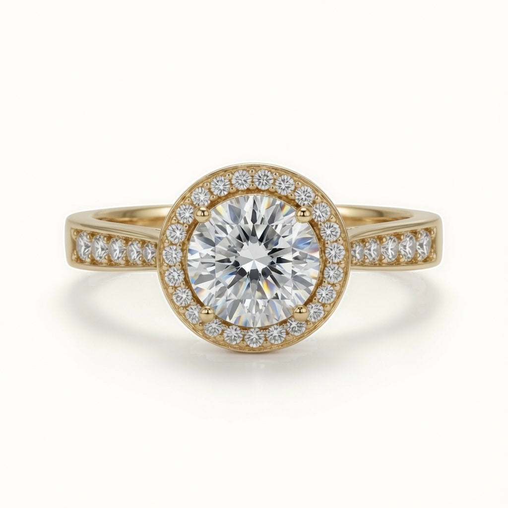 9ct Yellow Gold, 1.00ct Round Cubic Zirconia Wed-fit Halo Ring