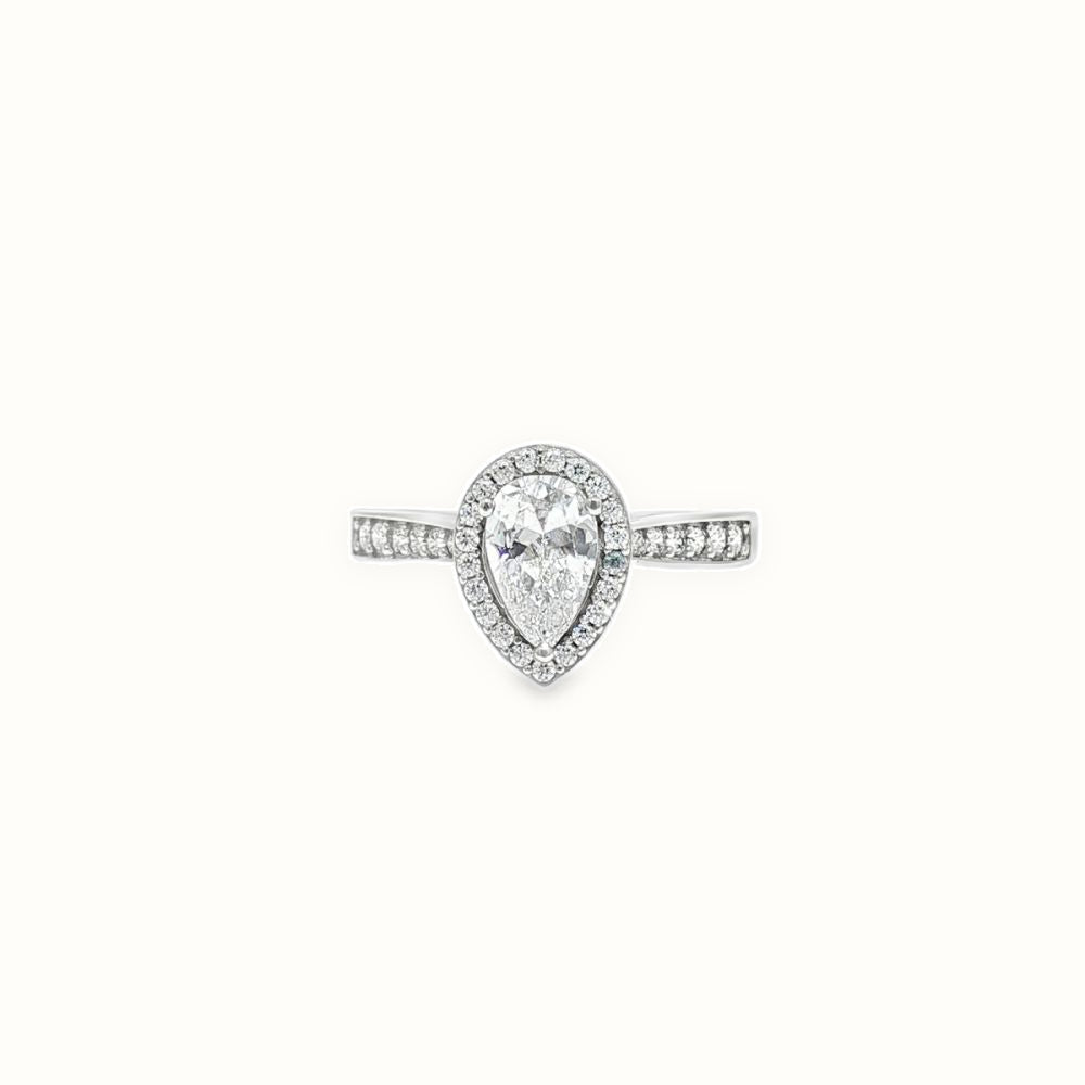 9ct White Gold, 1.00ct Pear Shape Cubic Zirconia Wed-fit Halo Ring