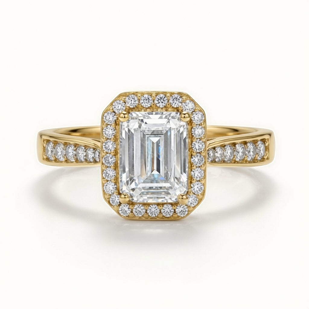 9ct Yellow Gold, 1.00ct Emerald Cut Cubic Zirconia Wed-fit Halo Ring