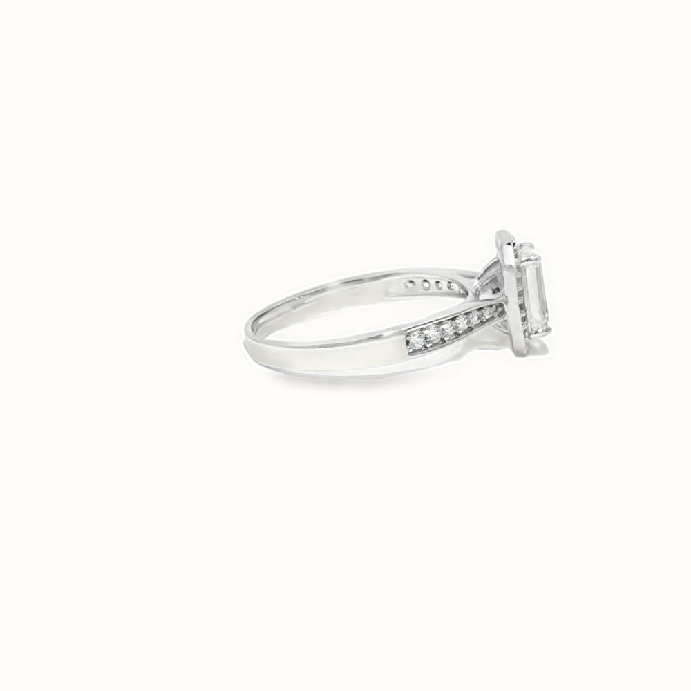 9ct White Gold, 1.00ct Emerald Cut Cubic Zirconia Wed-fit Halo Ring