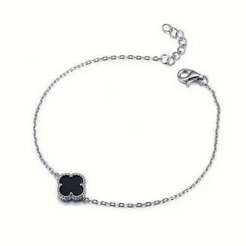 Sterling Silver Rhodium Clover Bracelet Onyx – ABB223