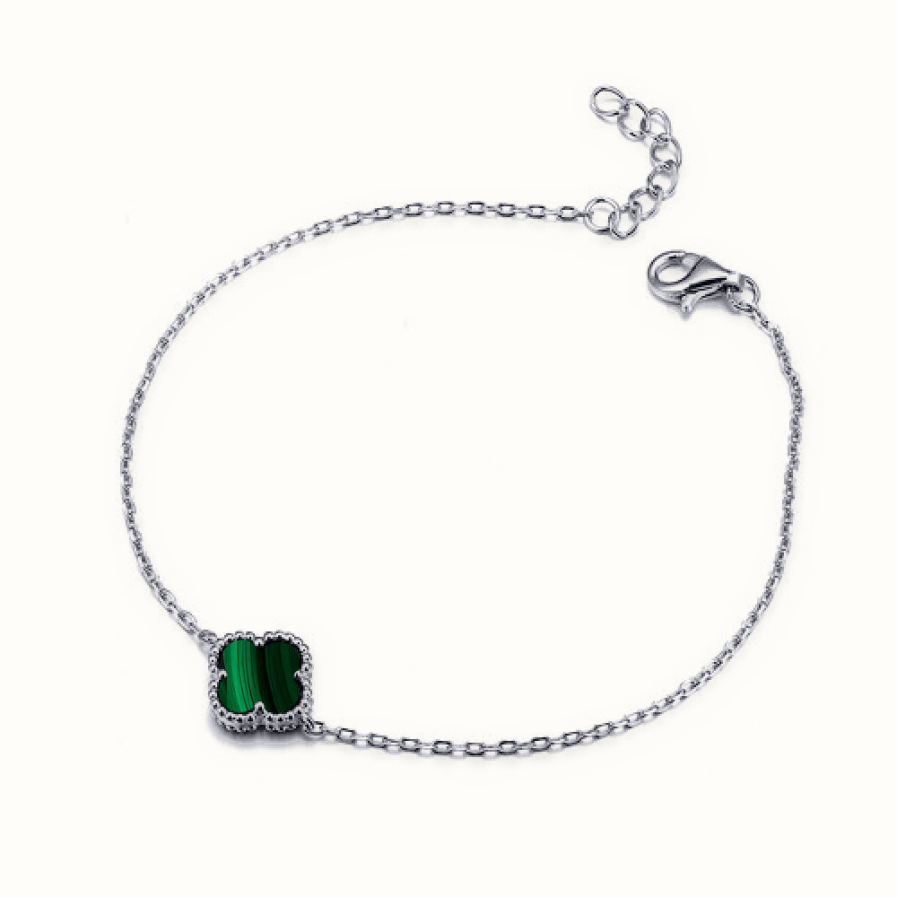 Sterling Silver Rhodium Plated Single Green Malachite Clover Bracelet – ABB231