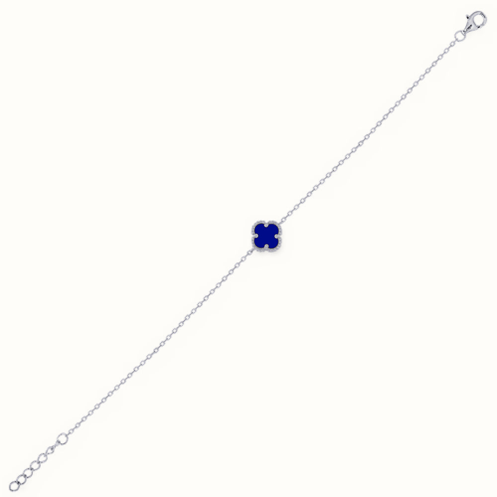 Sterling Silver Rhodium Plated Single Blue Agate Clover Bracelet – ABB233