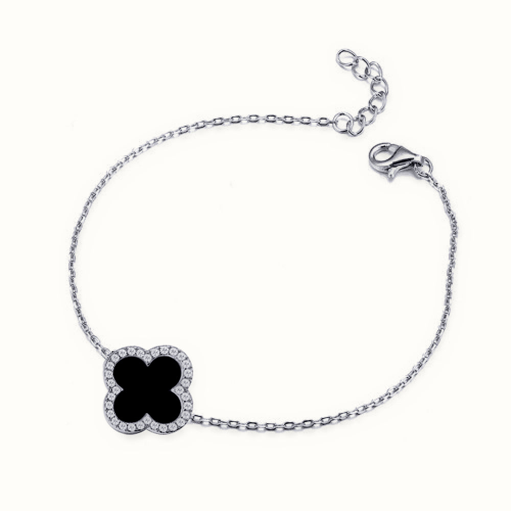 Sterling Silver Rhodium CZ Set Single Clover Bracelet Black Onyx Colour – ABB241