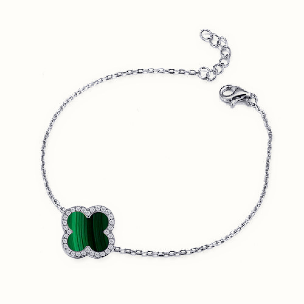 Sterling Silver Rhodium CZ Set Single Clover Bracelet Malachite Green Colour – ABB244