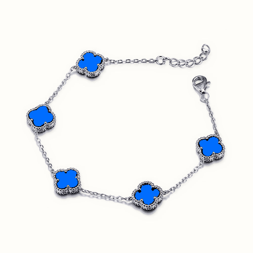 Sterling Silver Rhodium 5 Clover Bracelet Blue Agate Colour – ABB247
