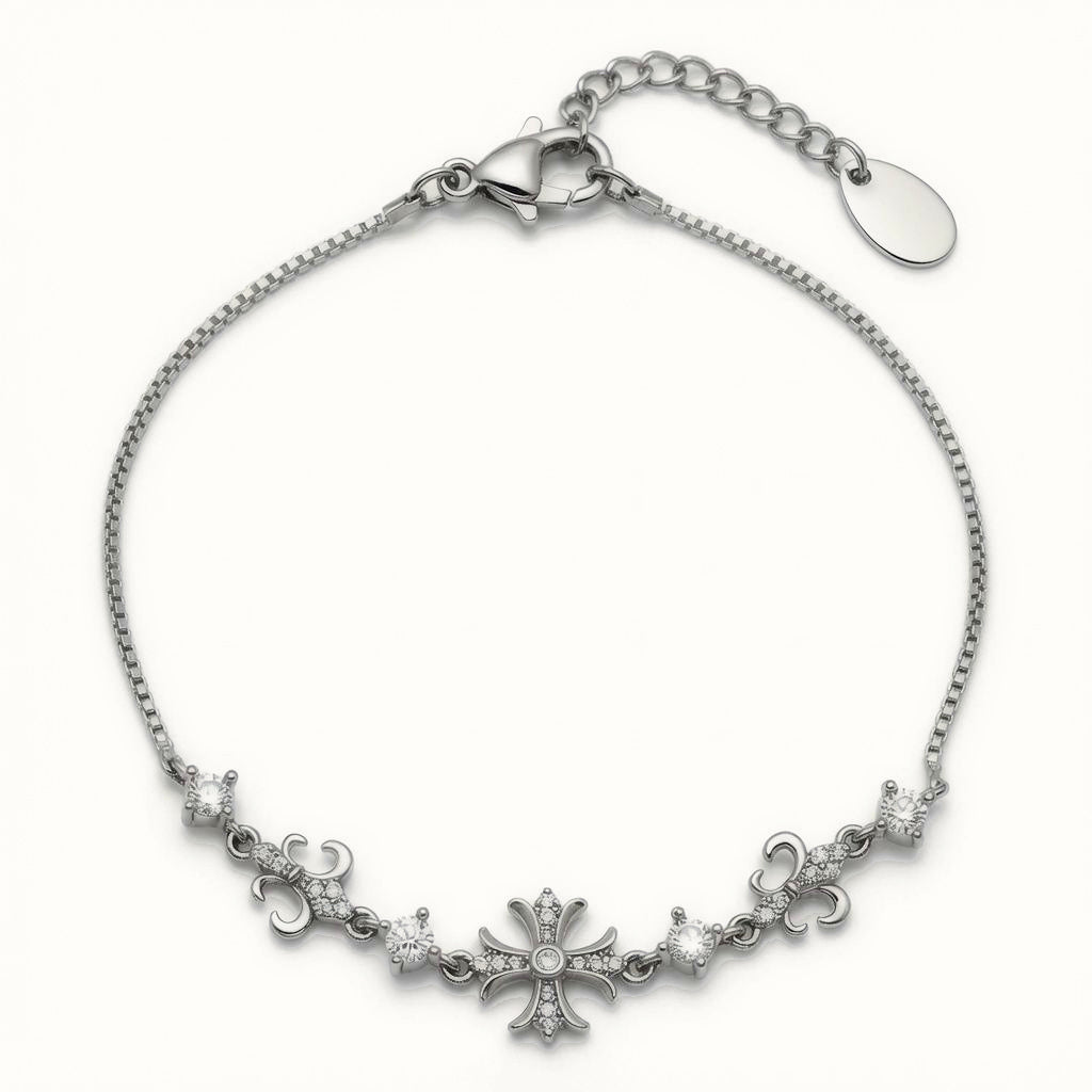 Sterling Silver CZ Fleur Cross Bracelet – ABB264