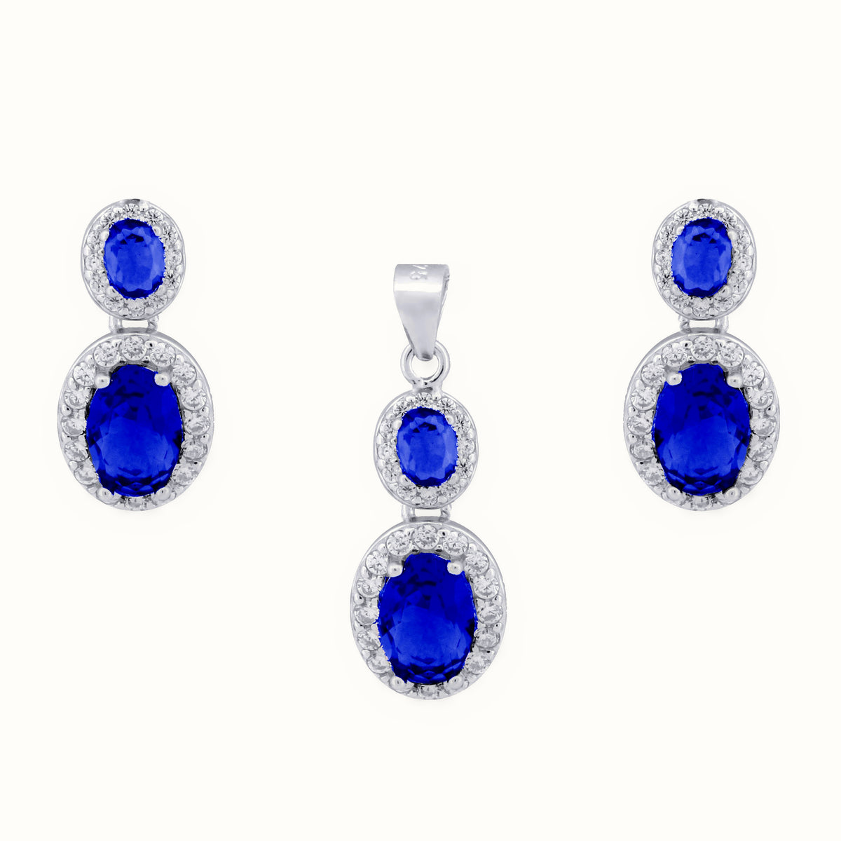 Sterling Silver Rhodium Princess Kate Sapphire Centre CZ Earrings and Pendant Set – AEP001B