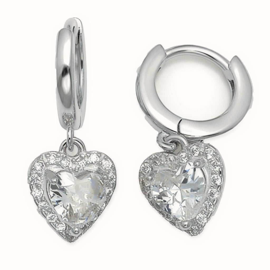 Sterling Silver CZ Heart Drop Hoop Earrings – AER211