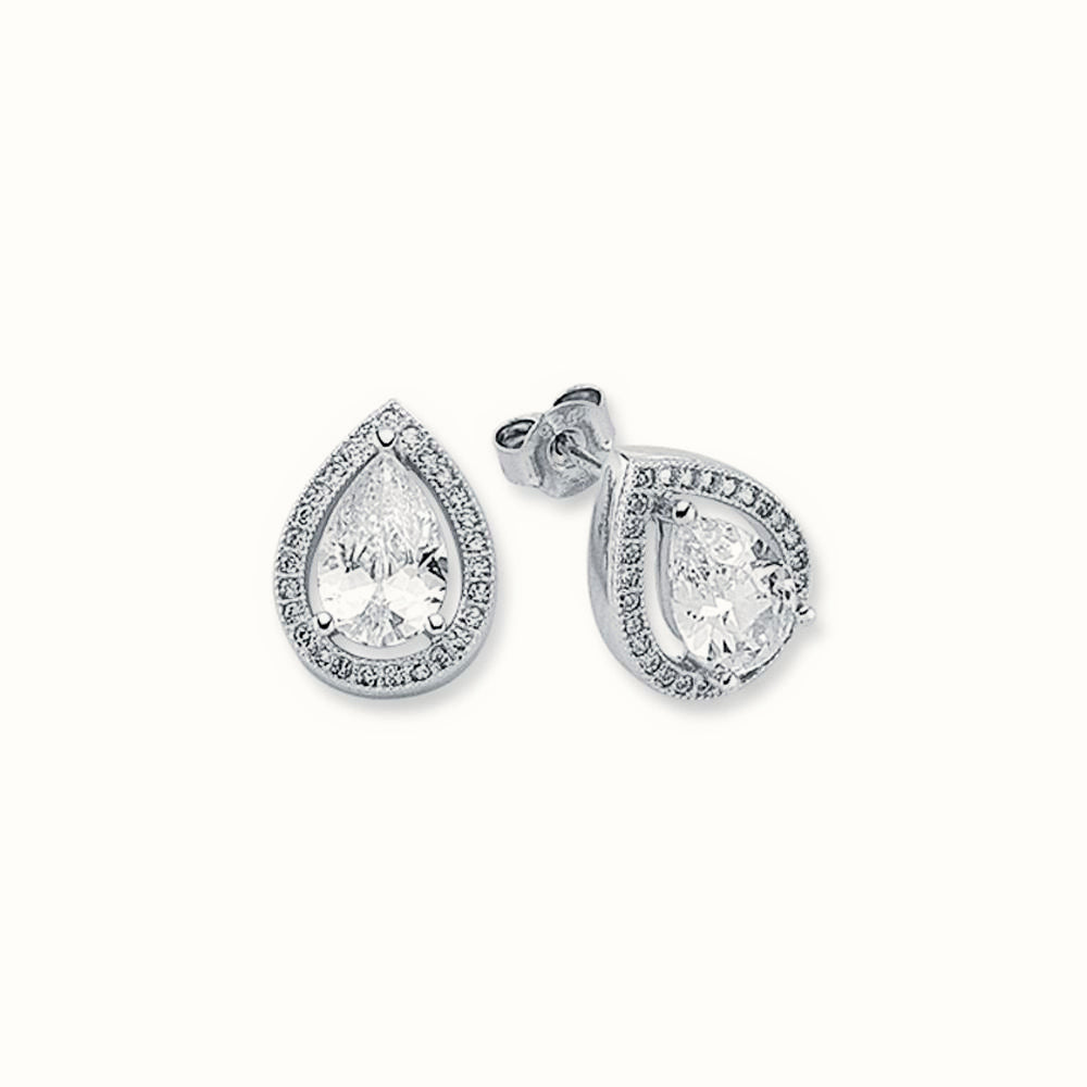 Sterling Silver CZ Set Pear Shape Halo Stud Earrings – AES119A