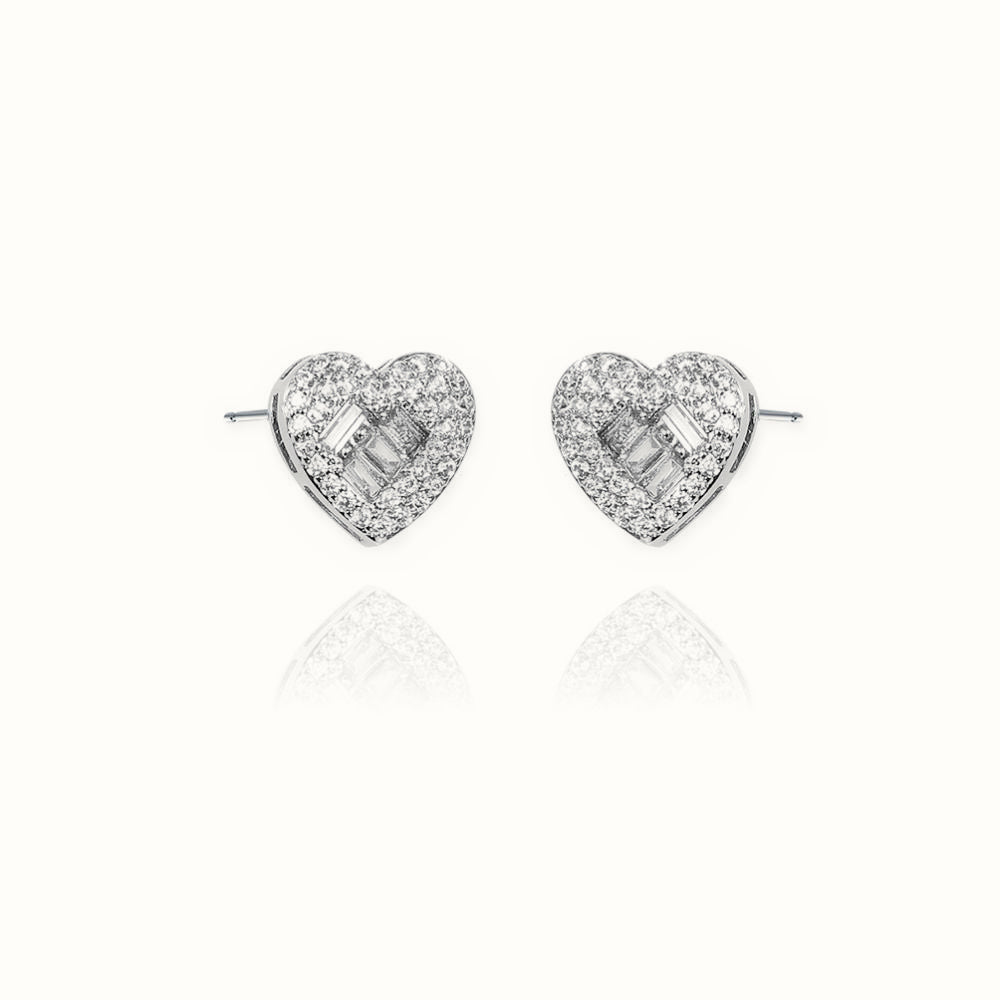 Sterling Silver CZ Brilliant and Baguette Cut Heart Stud Earrings – AES131
