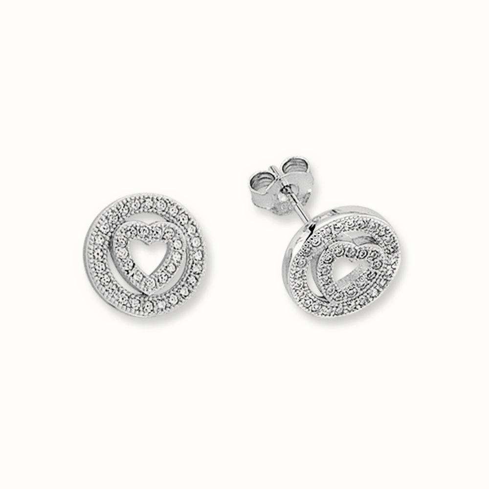 Sterling Silver CZ Set Heart in Circle Stud Earrings – AES133