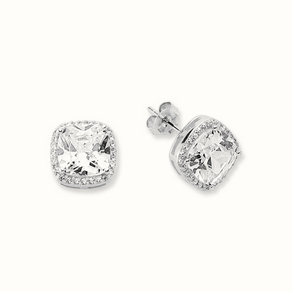 Sterling Silver CZ Set Cushion Halo Stud Earrings – AES135