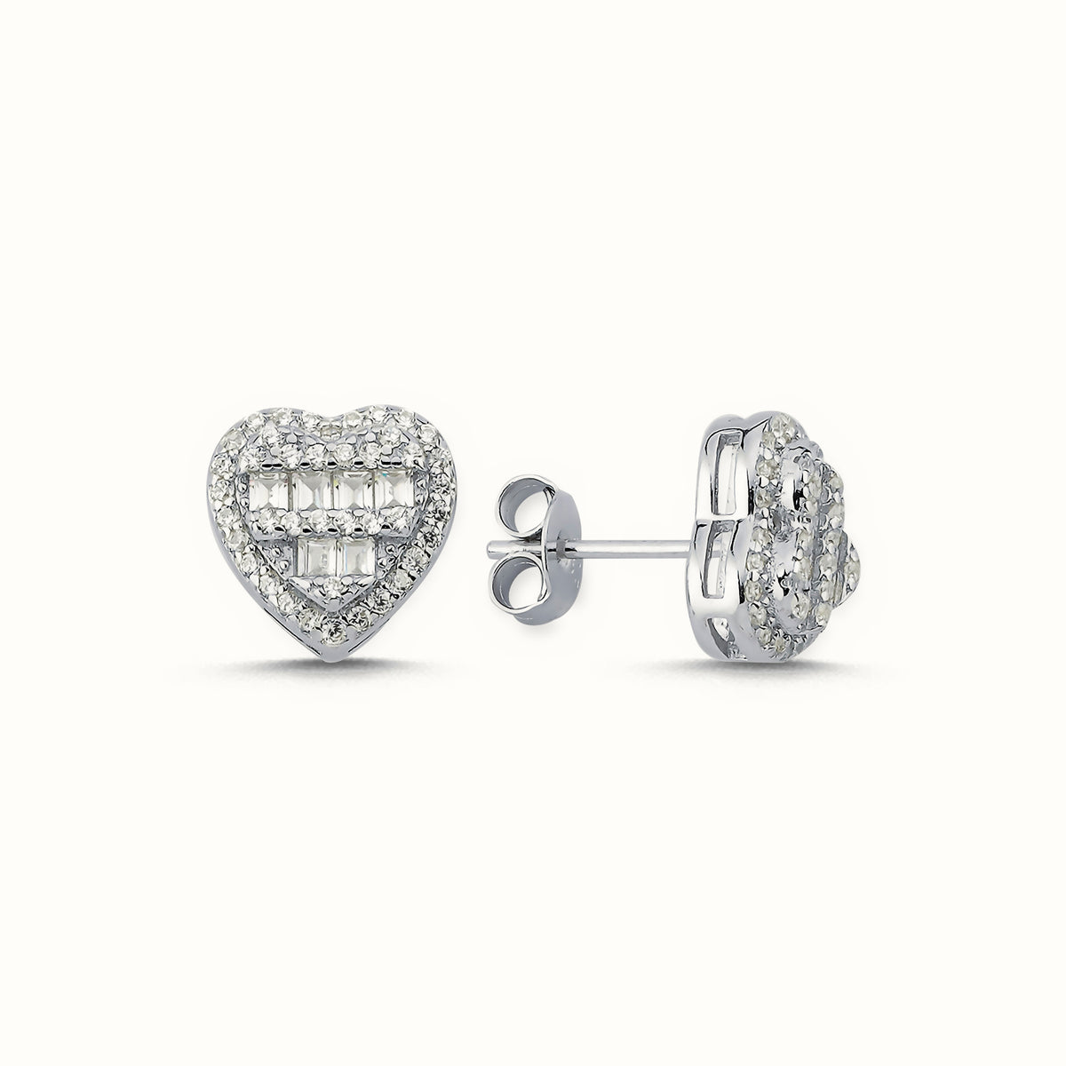 Sterling Silver CZ Brilliant and Baguette Cut Heart Stud Earrings – AES140