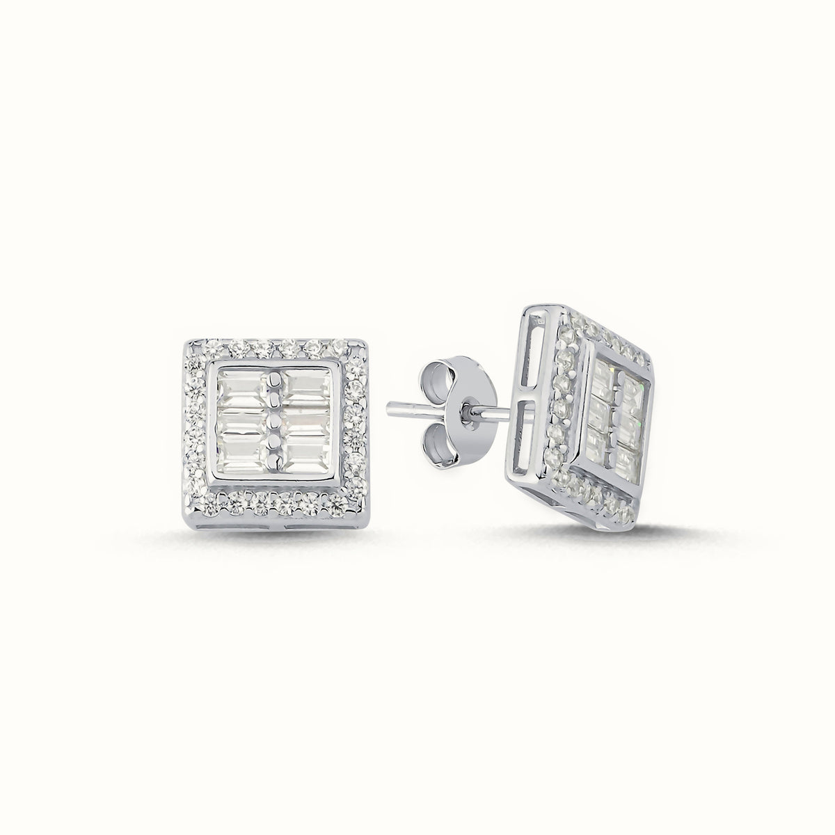 Sterling Silver CZ Brilliant and Baguette Cut Square Stud Earrings – AES141