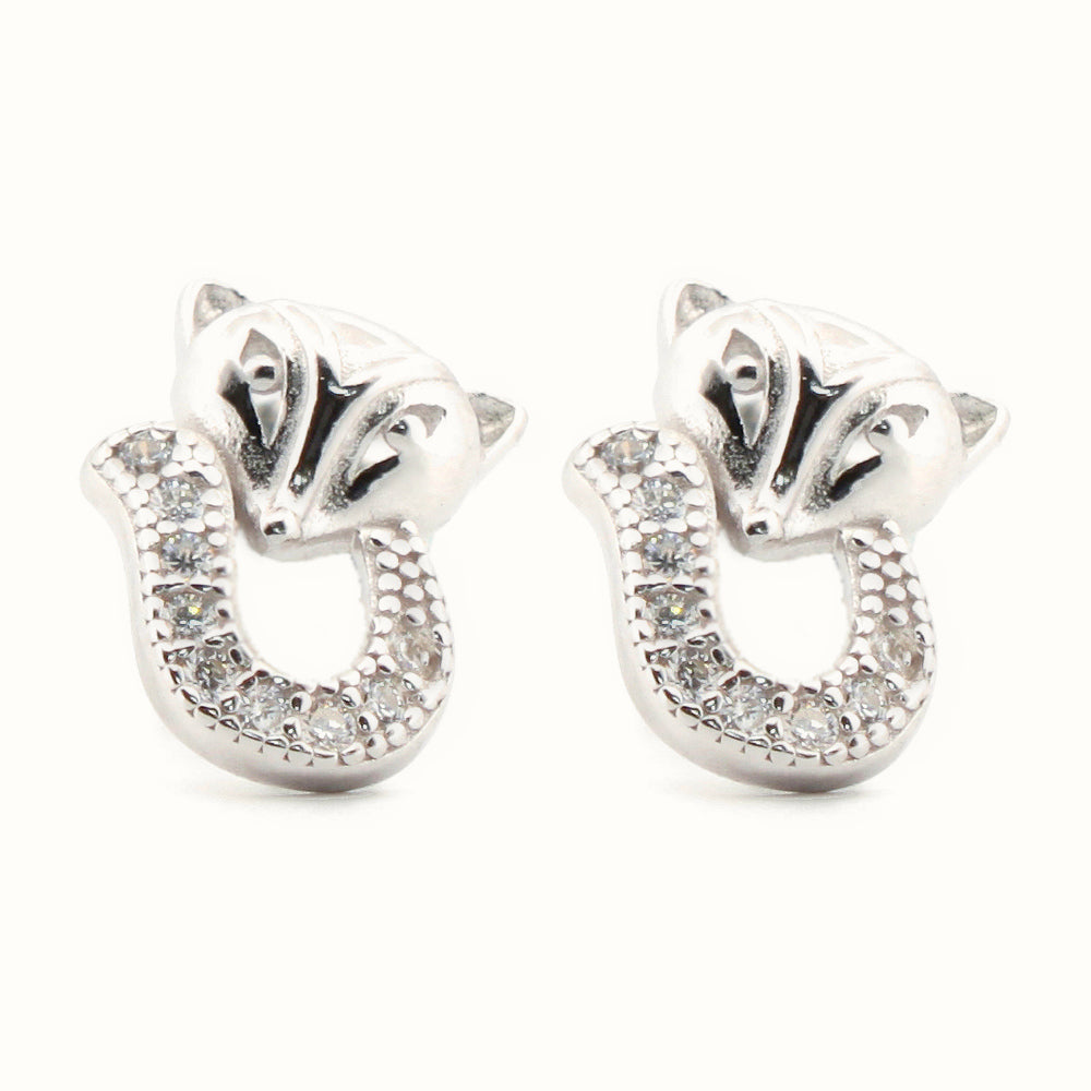 Sterling Silver Rhodium Plated CZ Set Cat Stud Earrings – AES185
