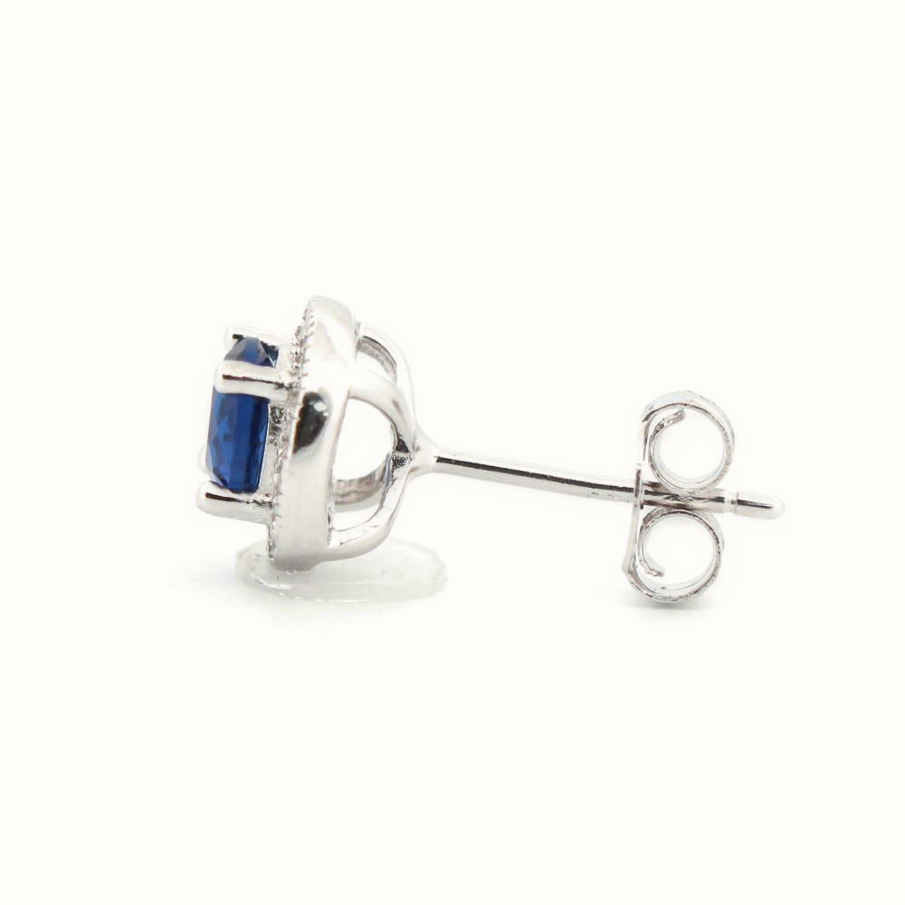 Sterling Silver Rhodium Halo Stud Earrings Sapphire Centre CZ – AES219B