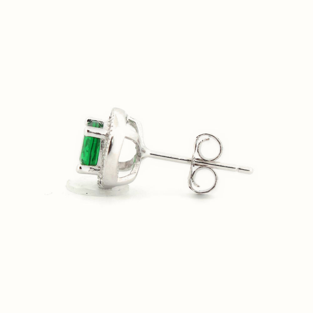Sterling Silver Rhodium Halo Stud Earrings Emerald Centre CZ – AES219G