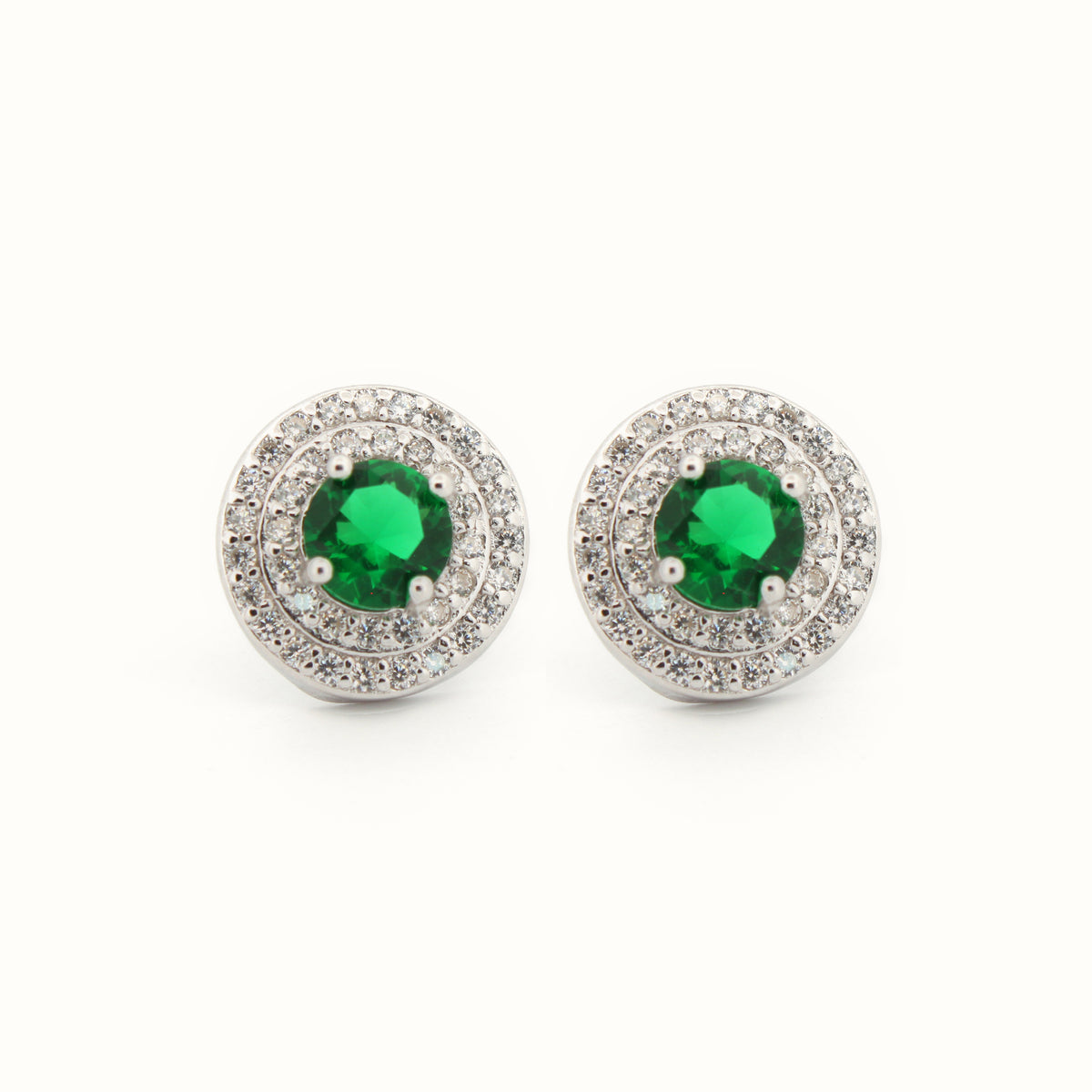 Sterling Silver Rhodium Halo Stud Earrings Emerald Centre CZ – AES220G