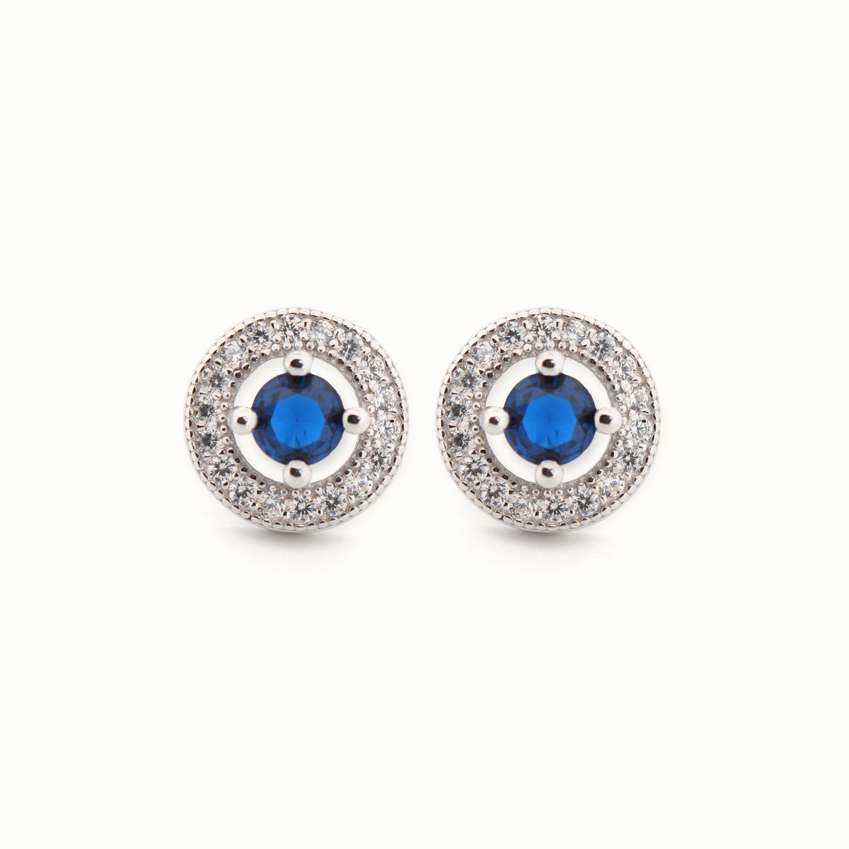 Sterling Silver Rhodium Halo Stud Earrings Sapphire Centre CZ – AES221B