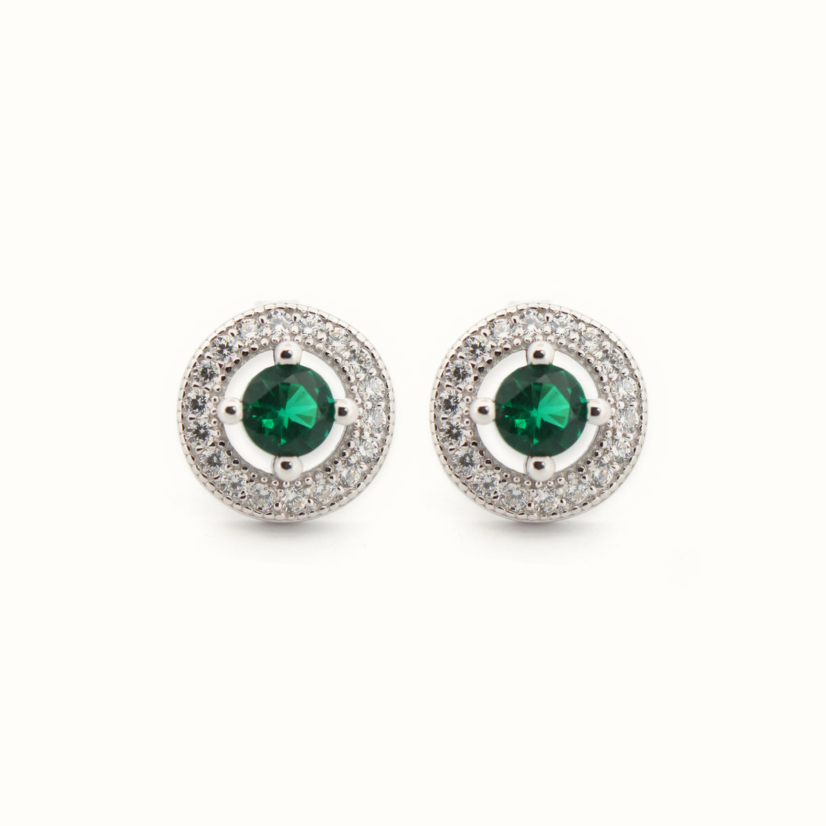 Sterling Silver Rhodium Halo Stud Earrings Emerald Centre CZ – AES221G