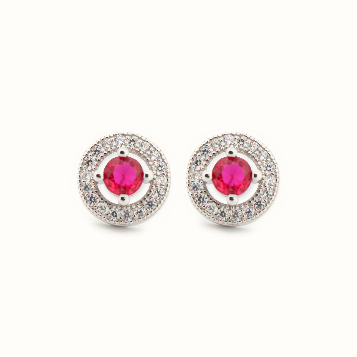 Sterling Silver Rhodium Halo Stud Earrings Ruby Centre CZ – AES221R