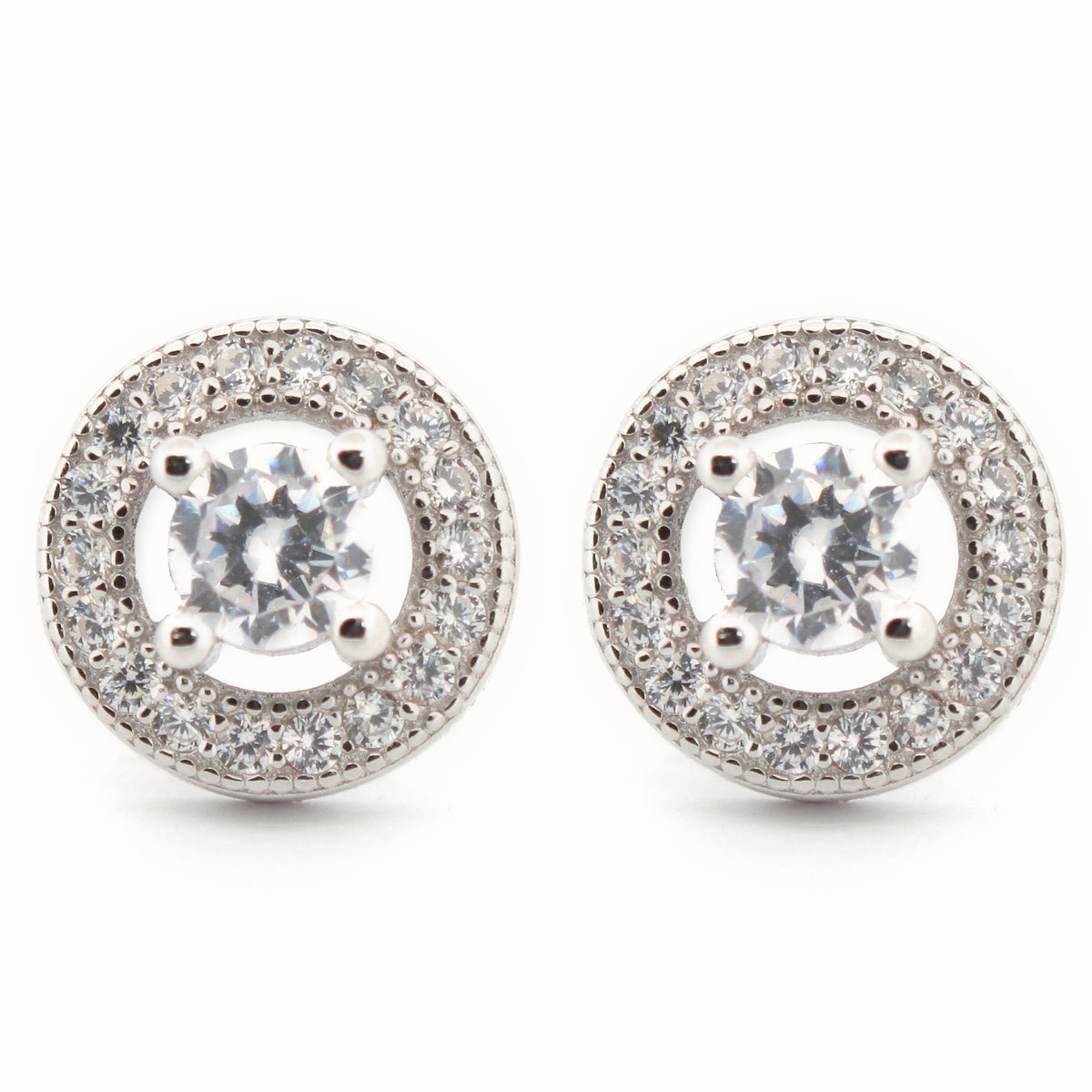 Sterling Silver Rhodium Halo CZ Stud Earrings White – AES221W