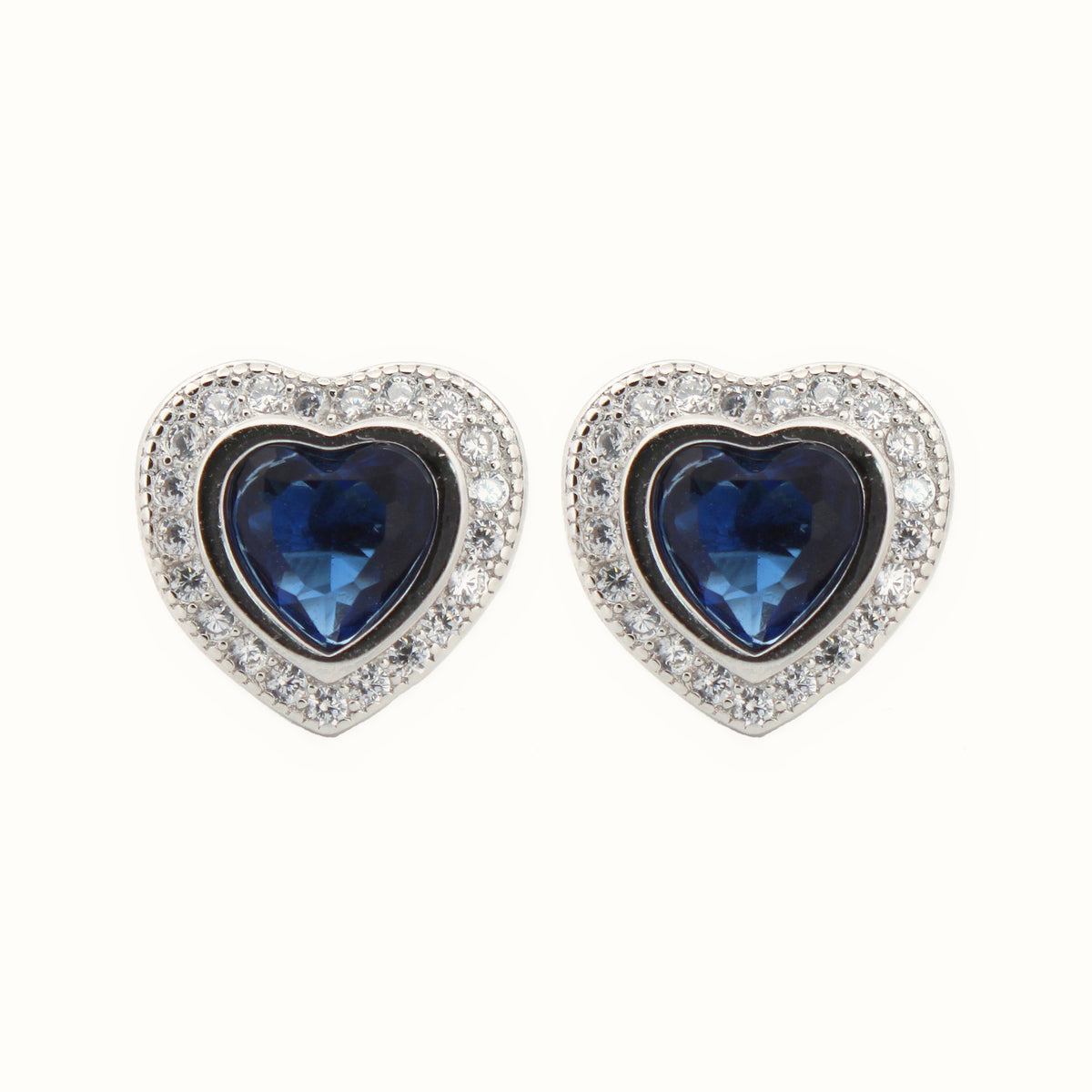 Sterling Silver Rhodium Heart Shape Stud Earrings Sapphire Centre CZ – AES222B