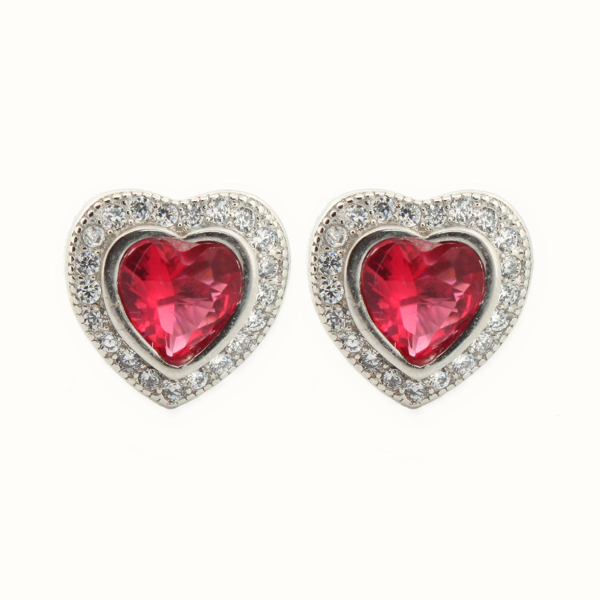 Sterling Silver Rhodium Heart Shape Stud Earrings Ruby Centre CZ – AES222R