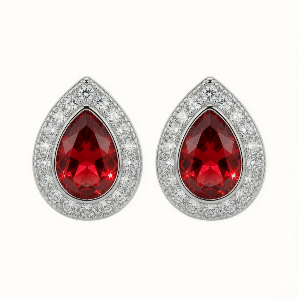 Sterling Silver Rhodium Pear Shape Stud Earrings Ruby Centre CZ – AES223R