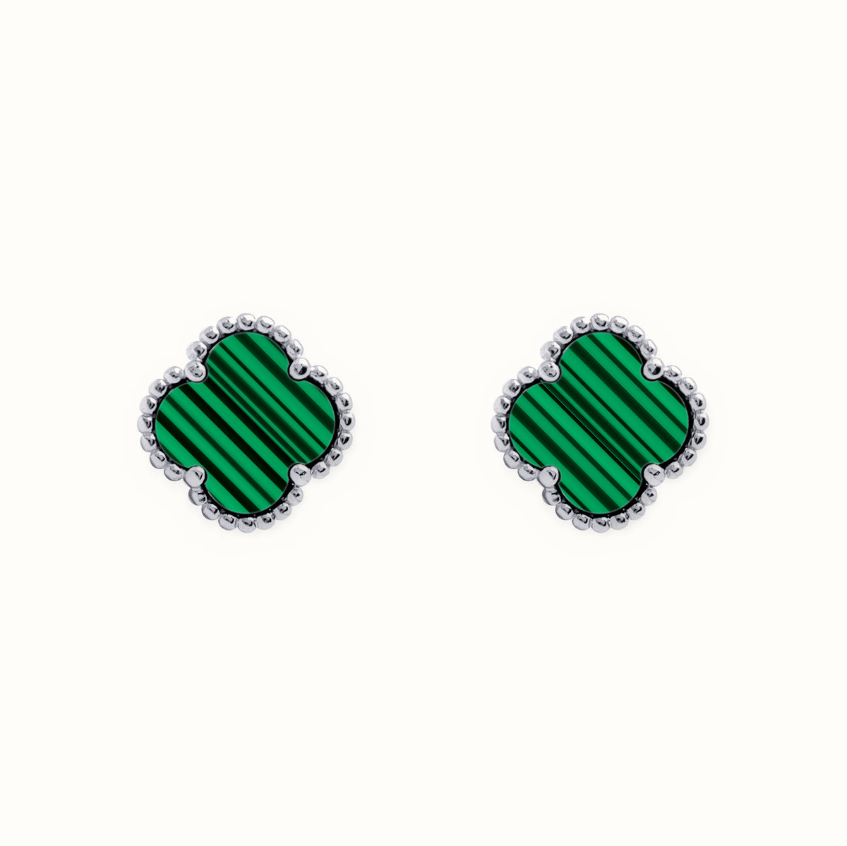 Sterling Silver Rhodium 5 Clover Stud Earrings Malachite Green Colour – AES257