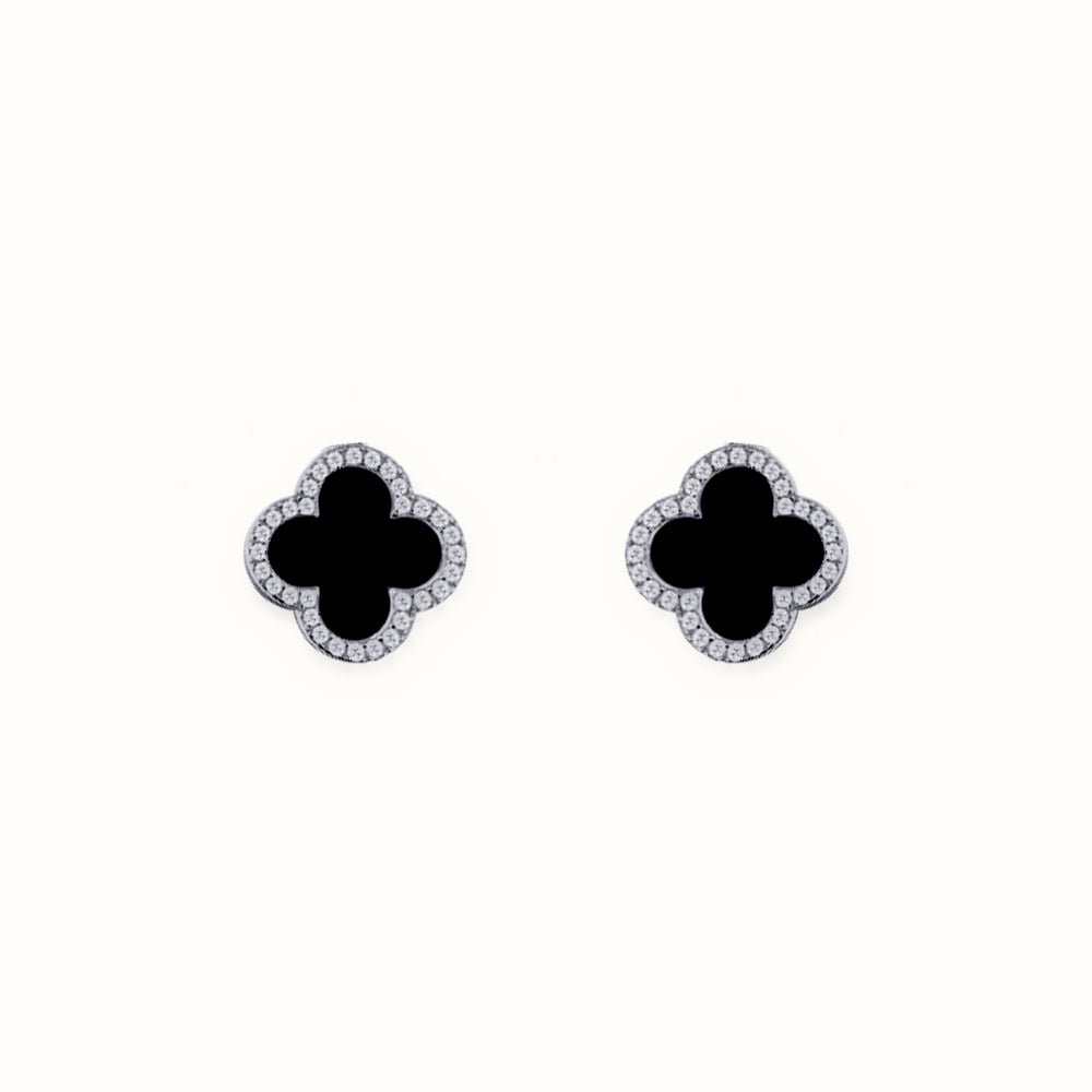 Sterling Silver Rhodium Plated CZ Set 5 Clover Stud Earrings Black Onyx Colour – AES258