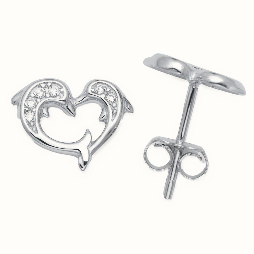 Sterling Silver CZ Dolphin Heart Stud Earrings – AES320