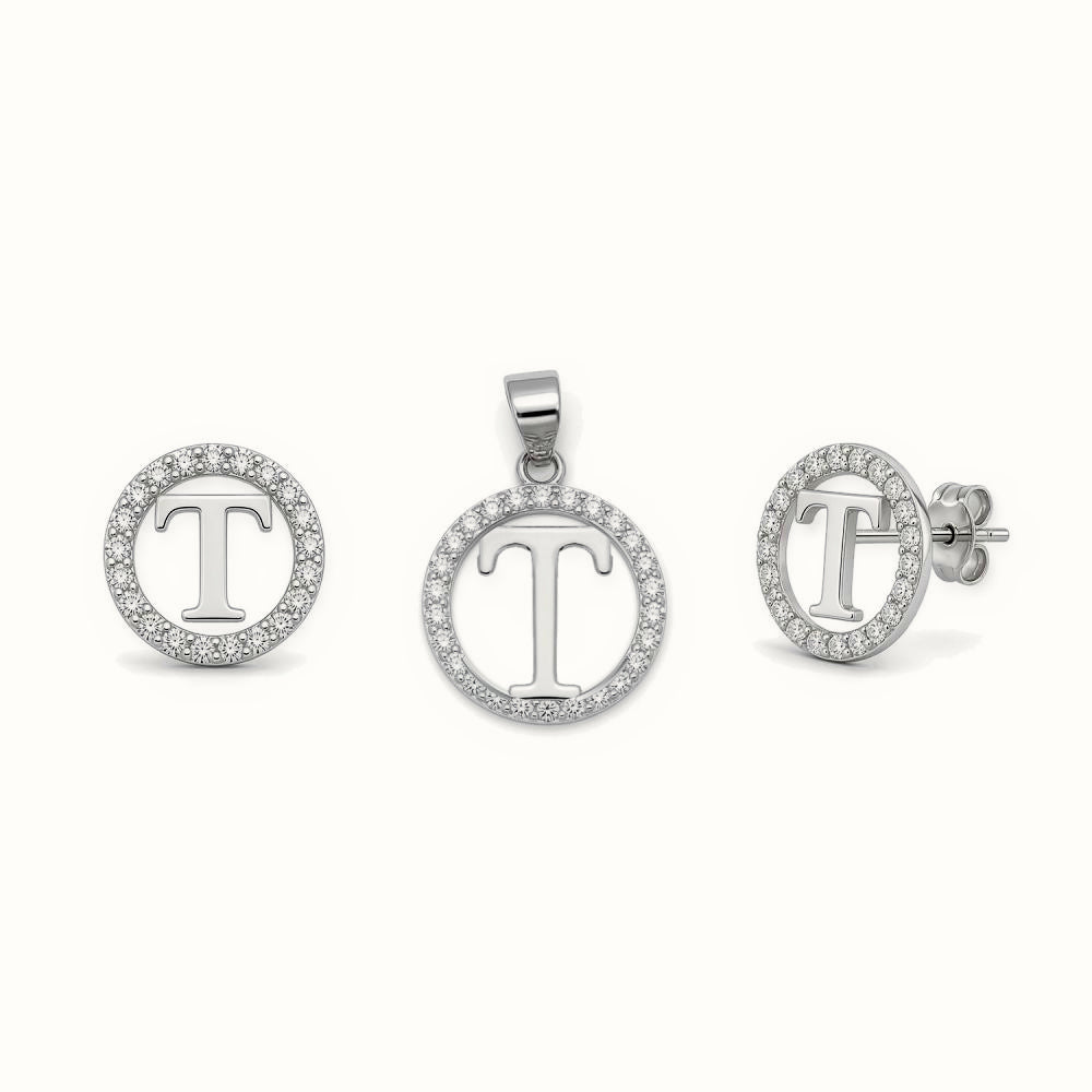 Sterling Silver CZ Letter Pendant Set – AIN005