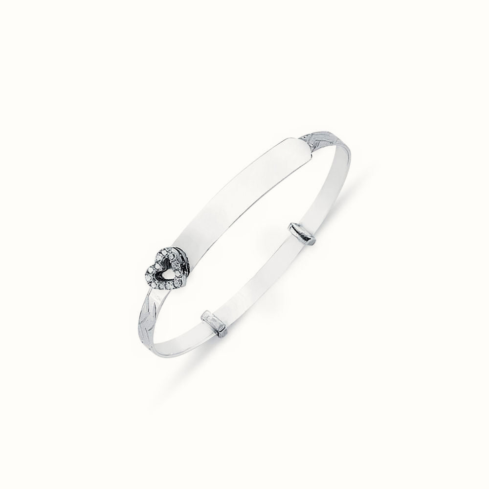 Sterling Silver CZ Set Heart Diamond Cut Id Expanding Baby / Childrens Bangle – AKB006