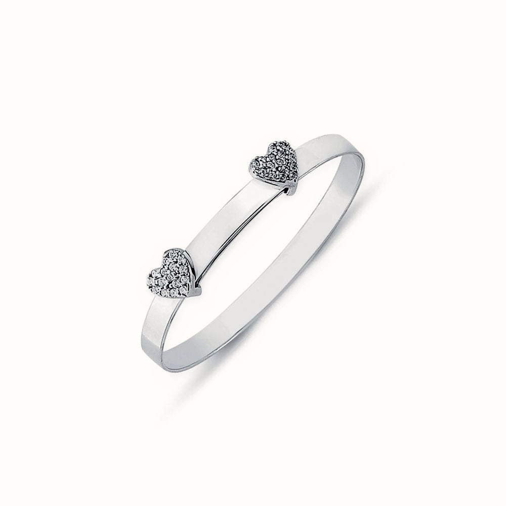 Sterling Silver CZ Set Twin Heart Expanding Baby / Childrens Bangle – AKB030