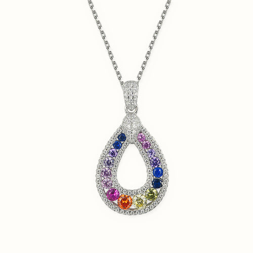 Sterling Silver Rhodium Plated Multi Col CZ Set Oval Necklace – ANC094
