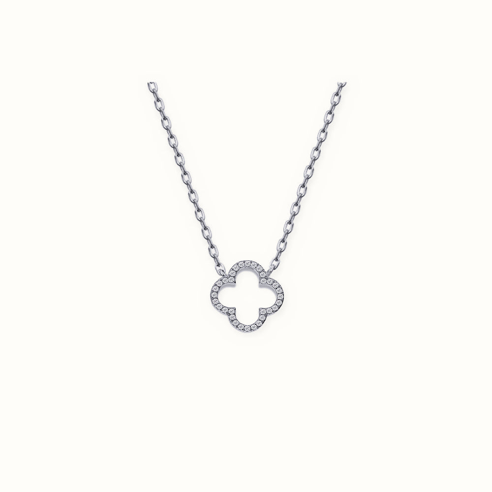 Sterling Silver Rhodium Plated CZ Set Clover Necklace – ANC097