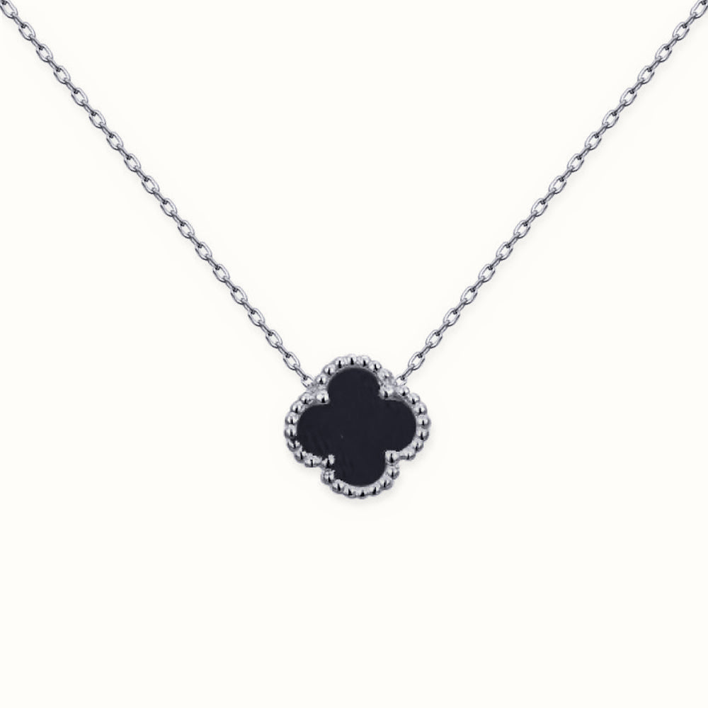 Sterling Silver Rhodium Single Clover Necklace Black Onyx Colour – ANC098
