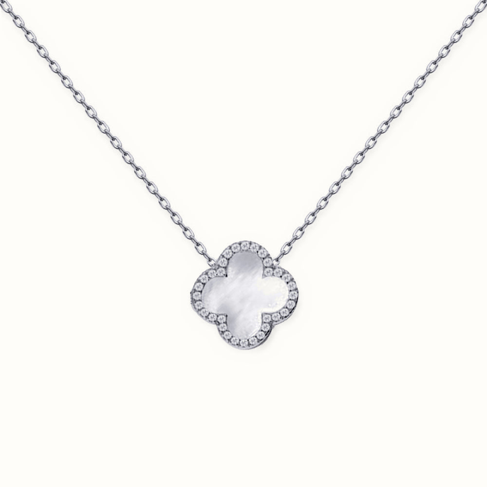 Sterling Silver Rhodium CZ Set Single Clover Necklace MOP White Colour – ANC103