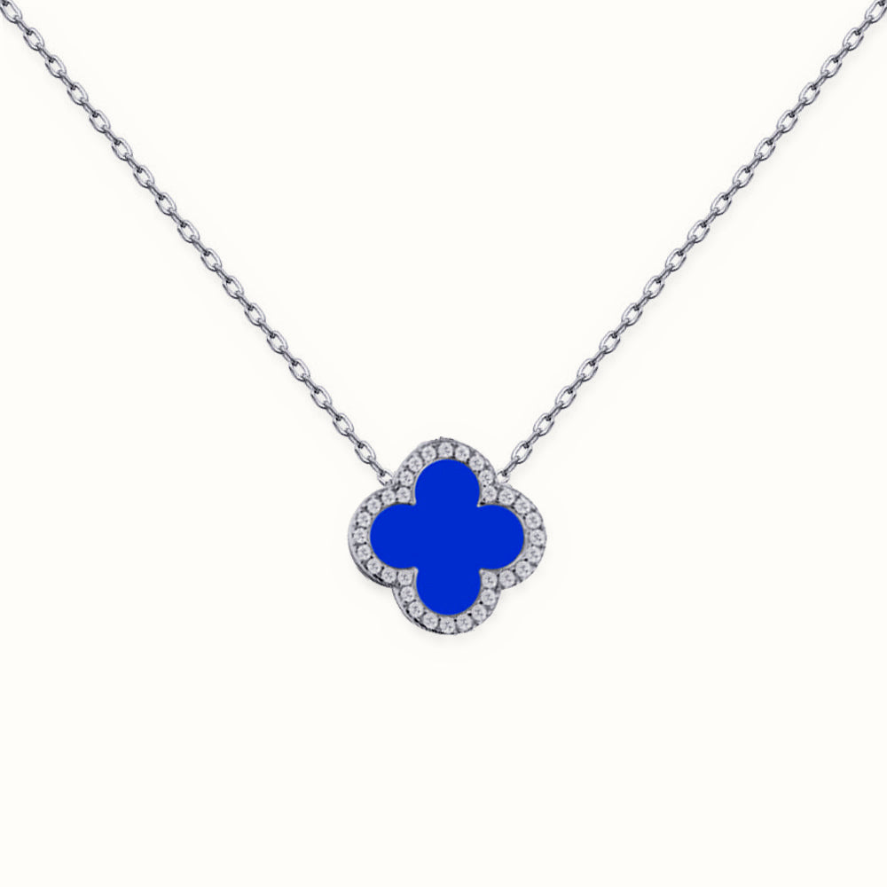 Sterling Silver Rhodium CZ Set Single Clover Necklace Blue Agate Colour – ANC104