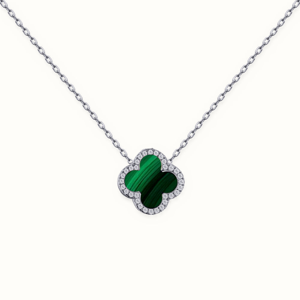 Sterling Silver Rhodium CZ Set Single Clover Necklace Malachite Green Colour – ANC105