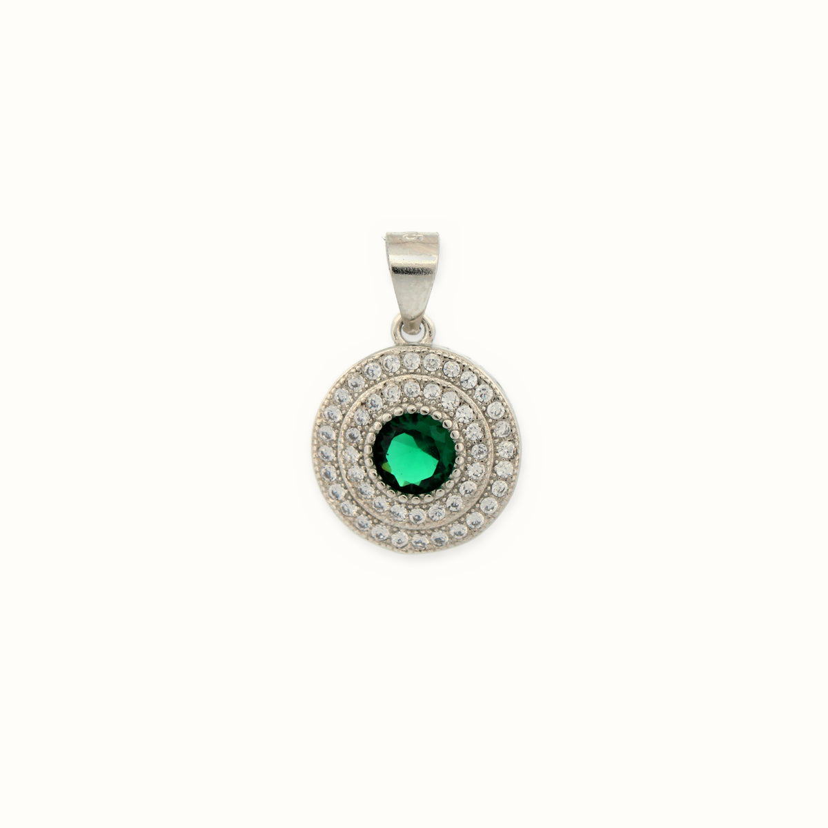 Sterling Silver Rhodium Halo Pendant Emerald Centre CZ – APD226G