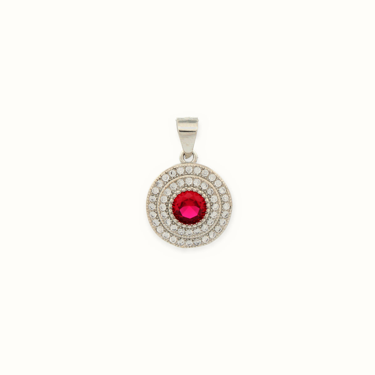 Sterling Silver Rhodium Halo Pendant Ruby Centre CZ – APD226R