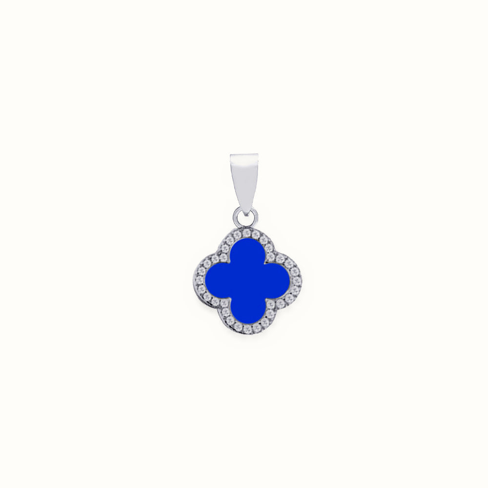Sterling Silver Rhodium CZ Set Single Clover Pendant Blue Agate Colour – APD235