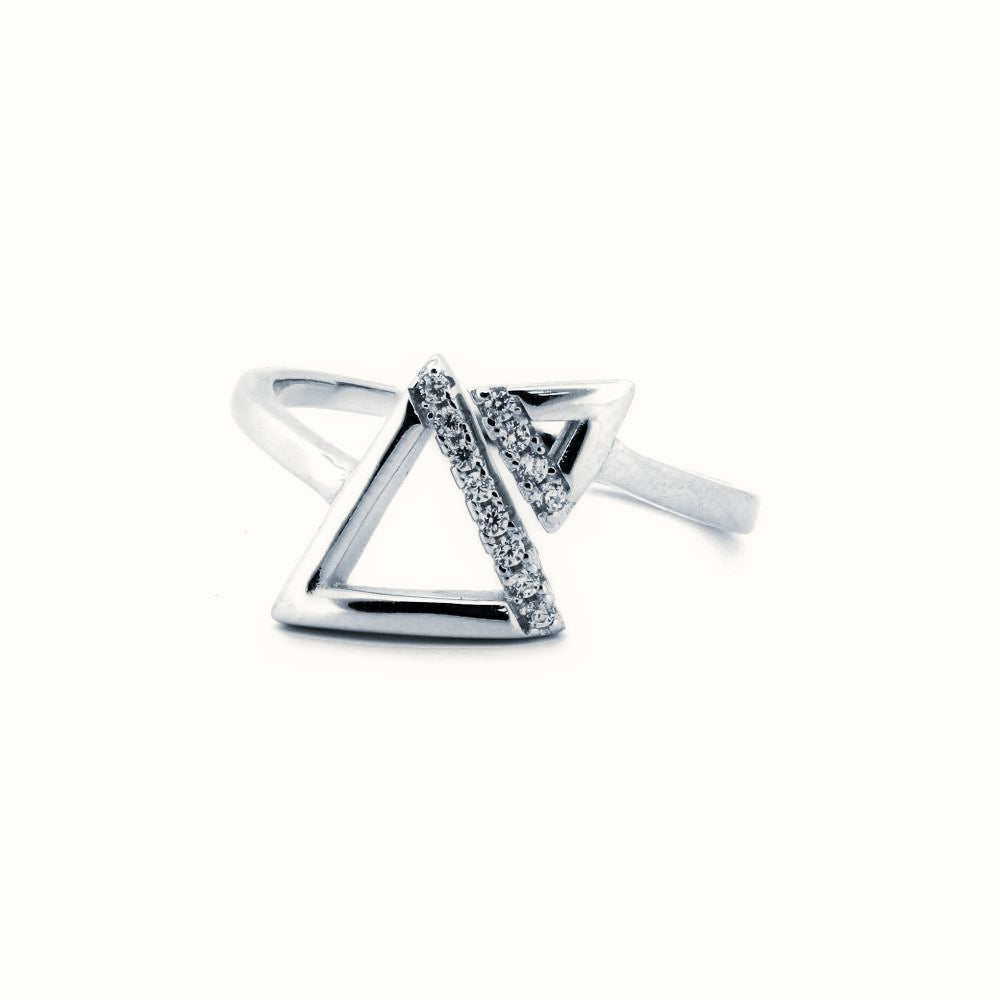 Sterling Silver Rhodium CZ Set Twin Triangle Ring – ARN172
